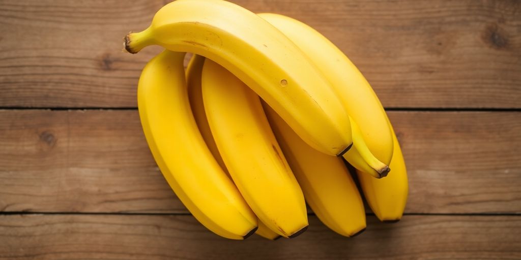 Ripe bananas on wooden surface, showcasing their vibrant color.