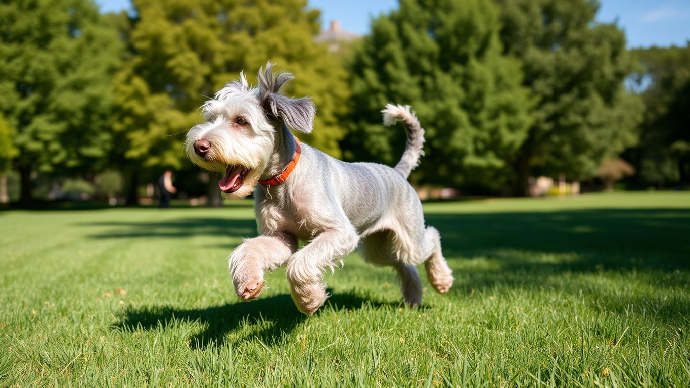 Bedlington Terrier playing in a green park.