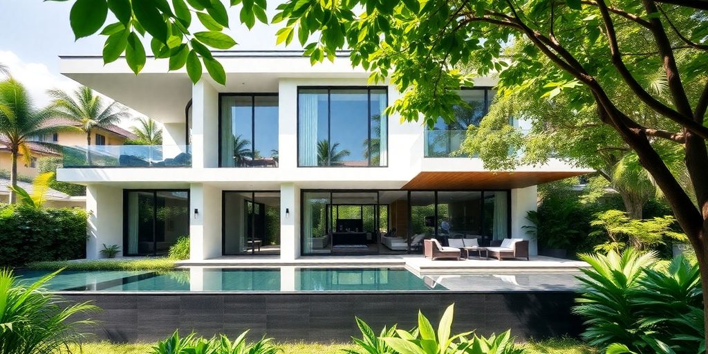 Luxury house in Ekkamai with modern architecture and greenery.