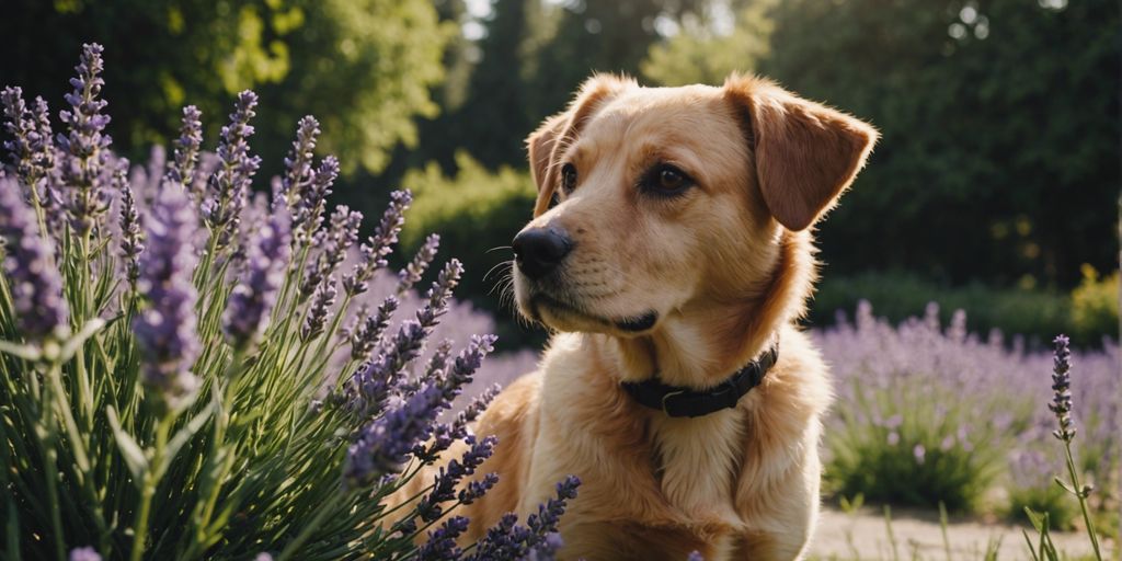 Dog enjoying lavender in a garden