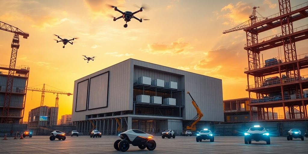 Robots building, drones flying, futuristic construction site.