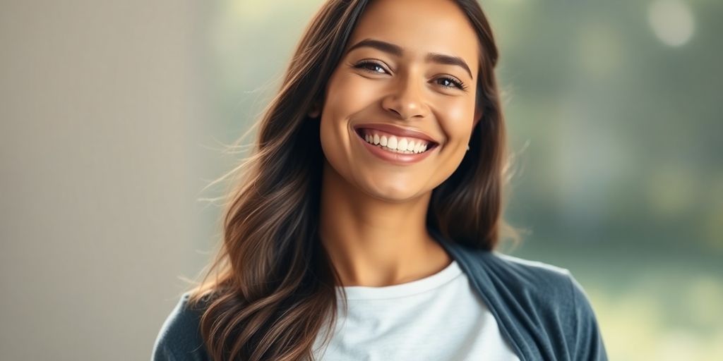 Woman confidently smiling in a sunlit frame.