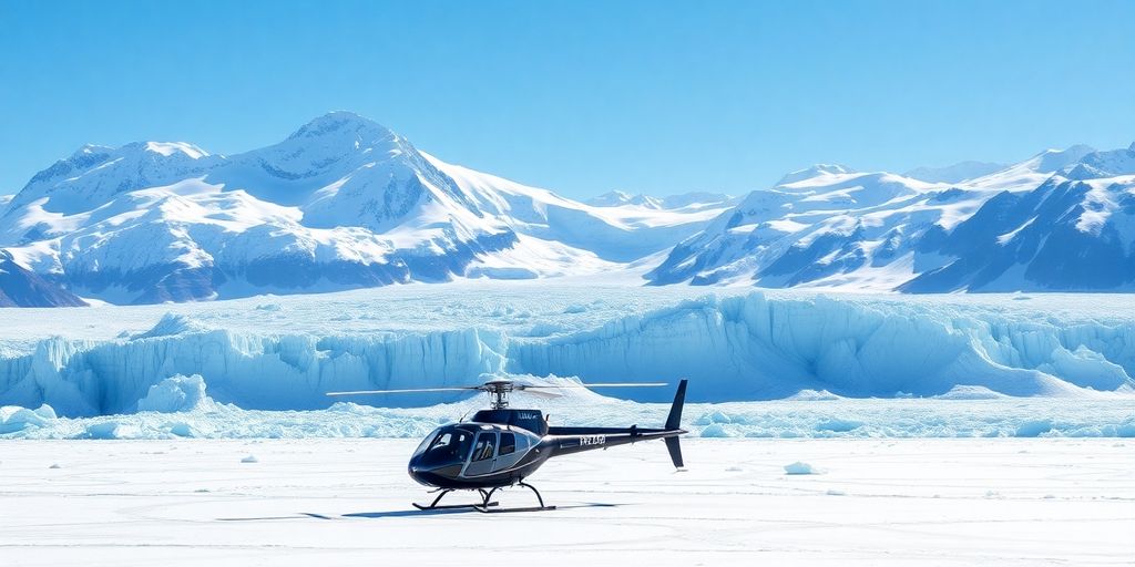A red helicopter parked on a massive Alaskan glacier.