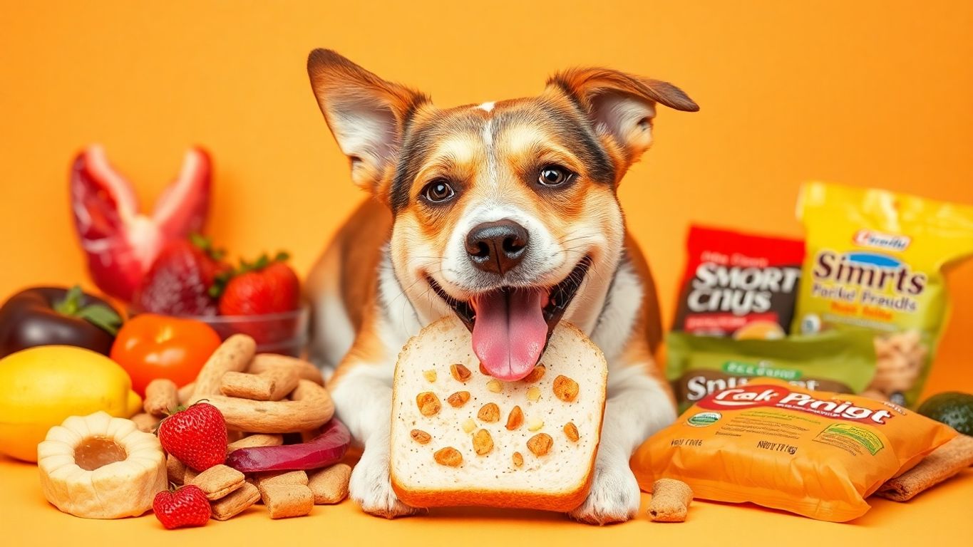 A dog eating bread with alternative treats around.