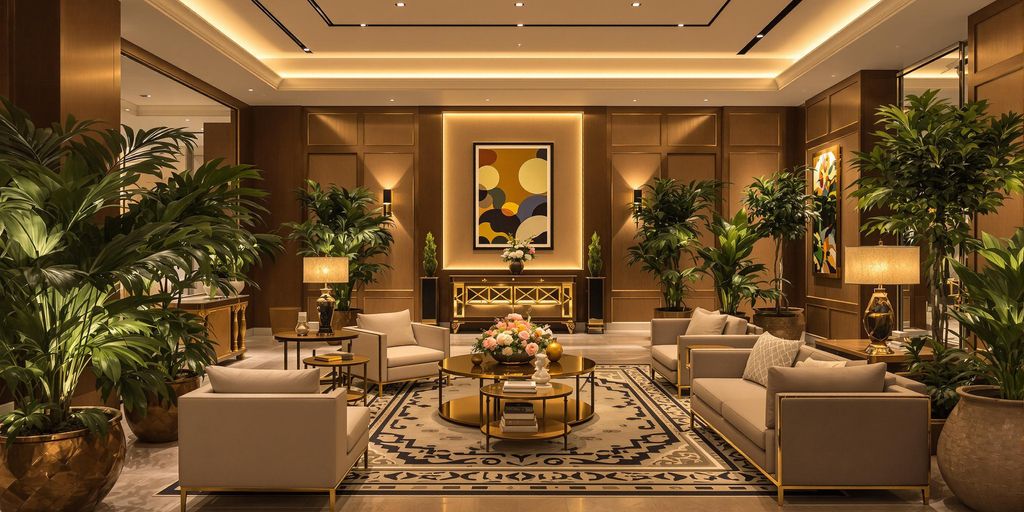 Charming boutique hotel lobby with elegant decor and lighting.