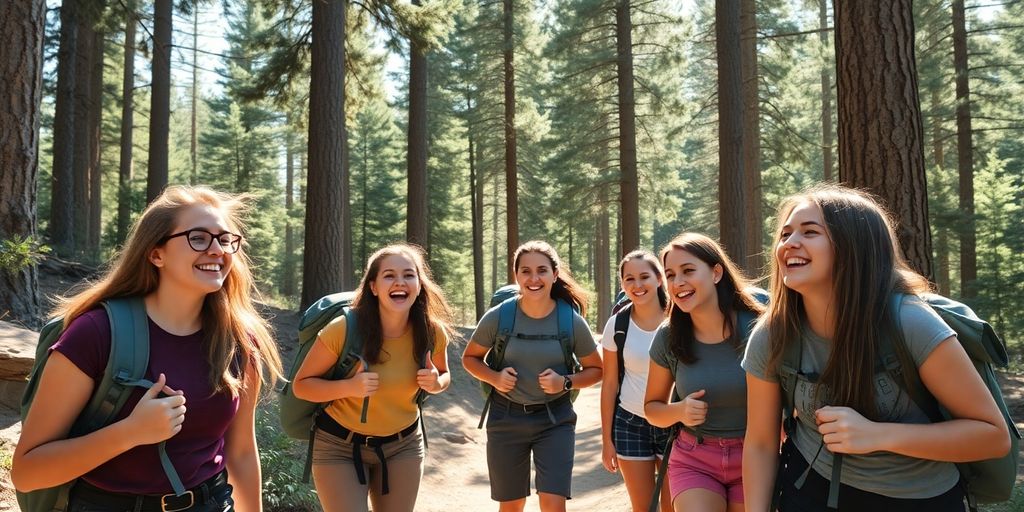 Teens hiking, smiling, through sunny mountain forest.