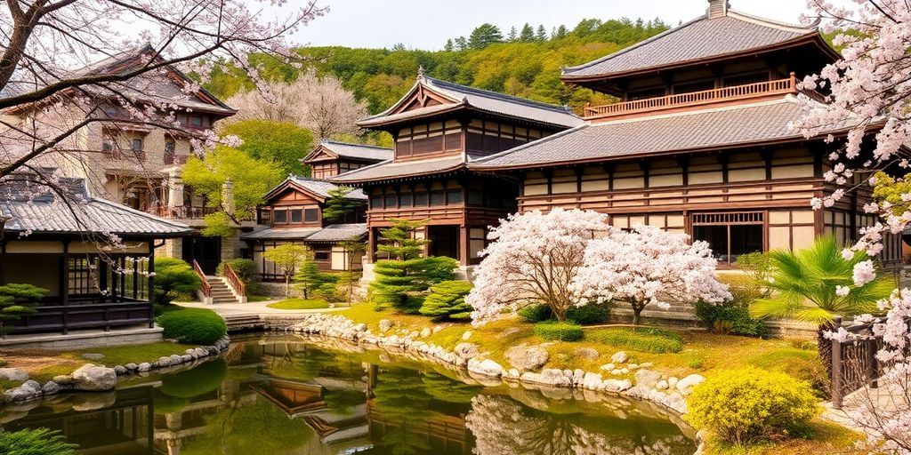 Traditional Japanese architecture with cherry blossoms and gardens.