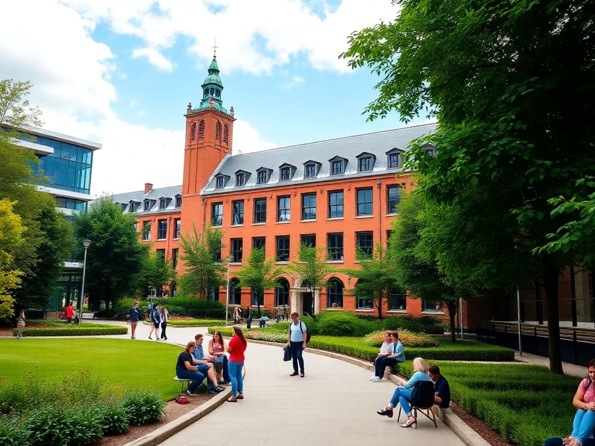 University of Leeds campus with students and greenery.