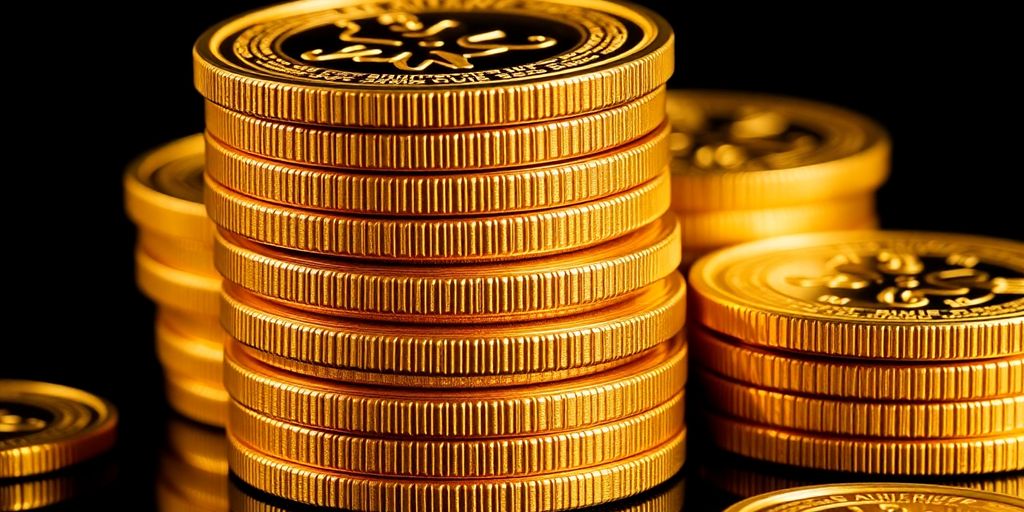 Gros plan de pièces d'or brillantes empilées.