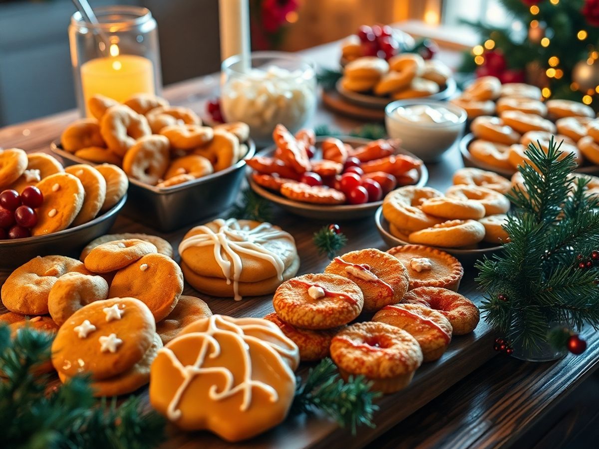 Farfurie plină cu prăjituri de Crăciun și aperitive festive.