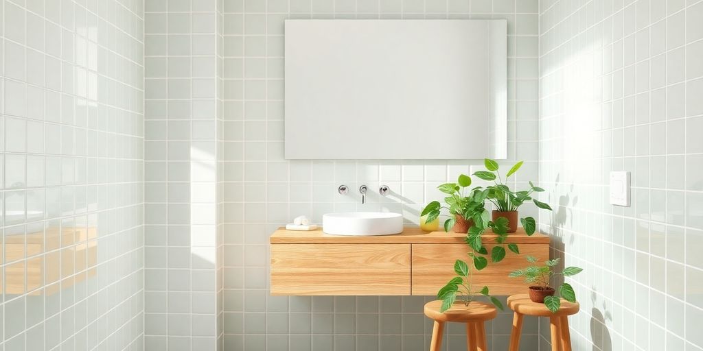 Sustainable bathroom with green tiles and wood countertop.