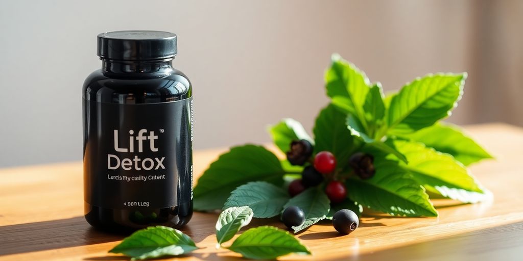Frasco preto de Lift Detox com frutas e folhas verdes.