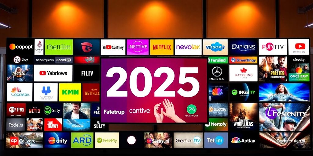 Colorful IPTV logos on screens representing streaming services.