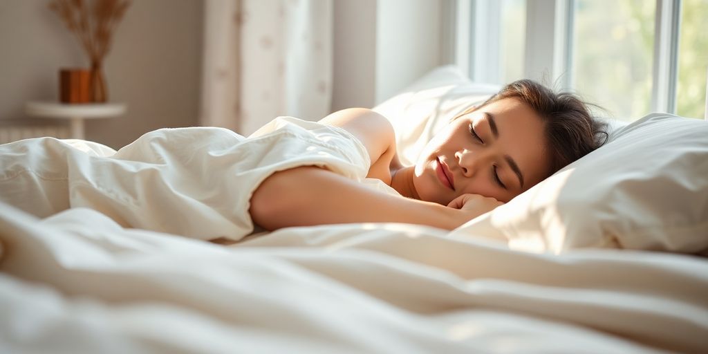 Peaceful bedroom, soft light, person sleeping soundly.