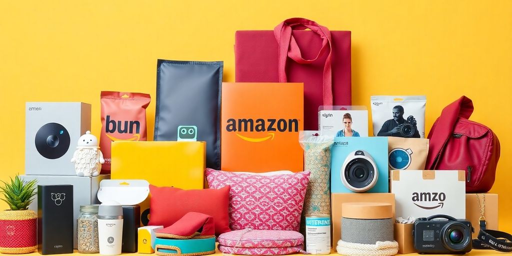 Colorful Amazon products arranged attractively on a clean surface.
