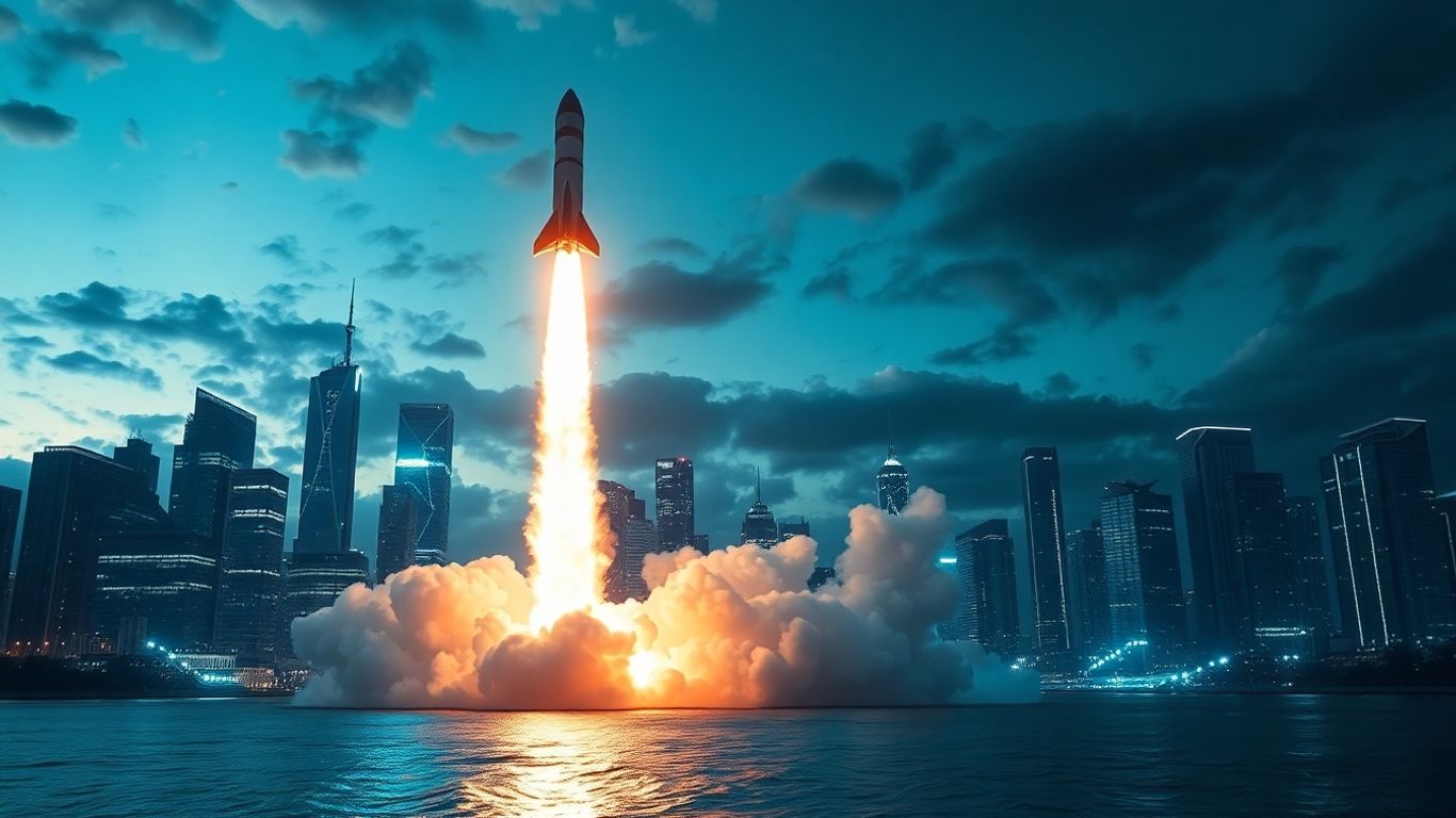 Rocket lifts above futuristic city, glowing data centres beneath night.