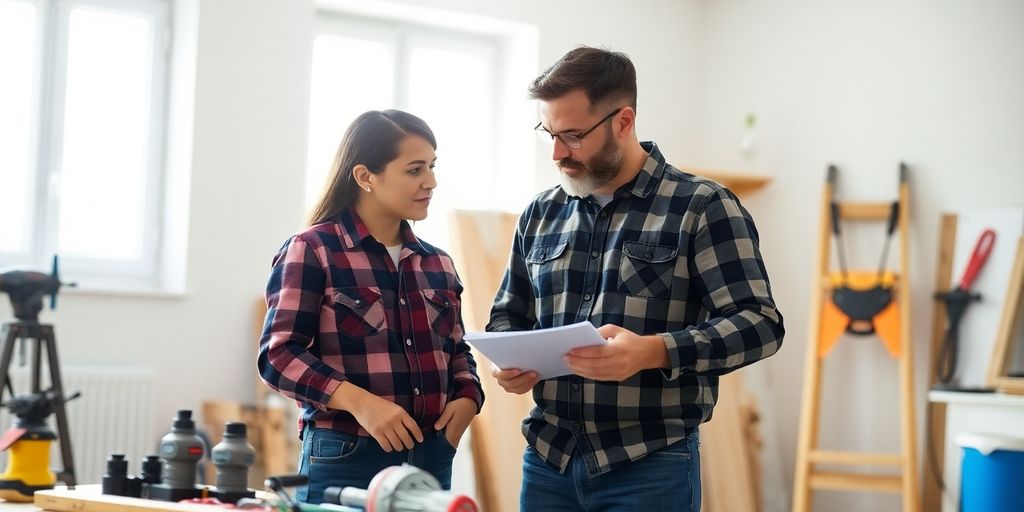 Contractor and homeowner discussing house repairs together.