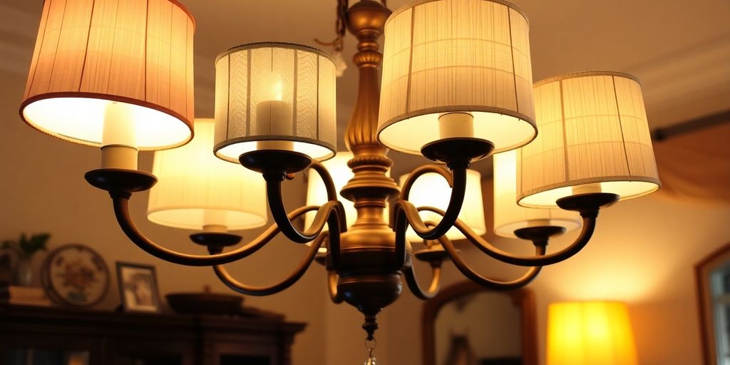 Elegant chandelier with colorful light shades in a room.