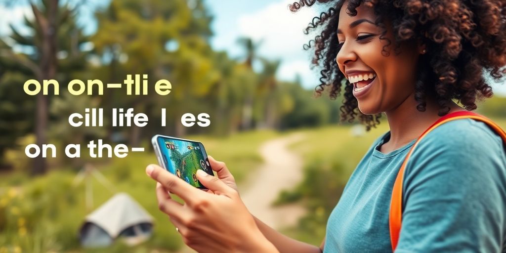 Une personne joue à un jeu mobile dans la nature.