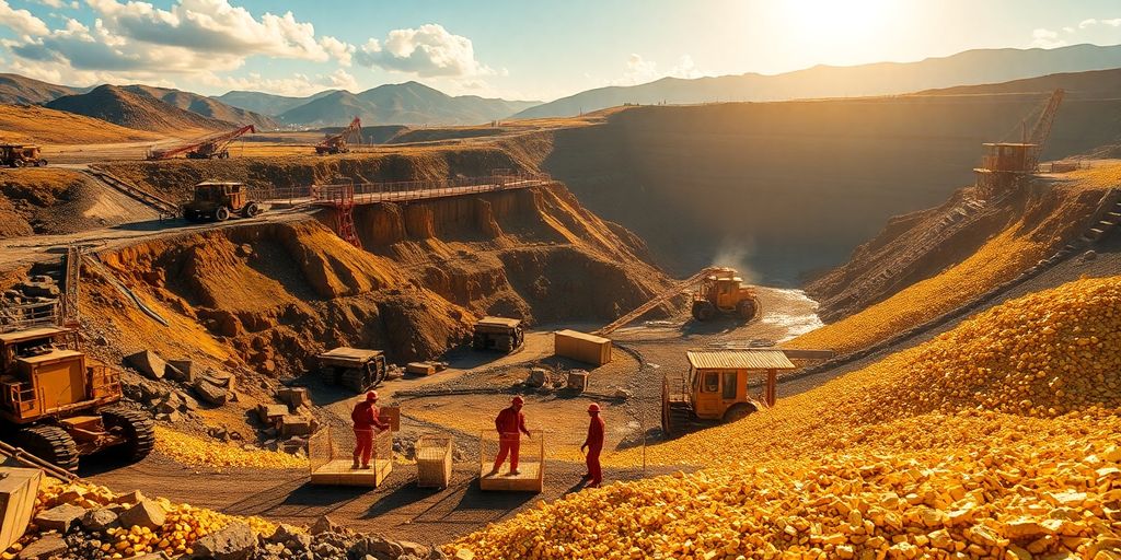 Paysage de mines d'or avec des travailleurs.
