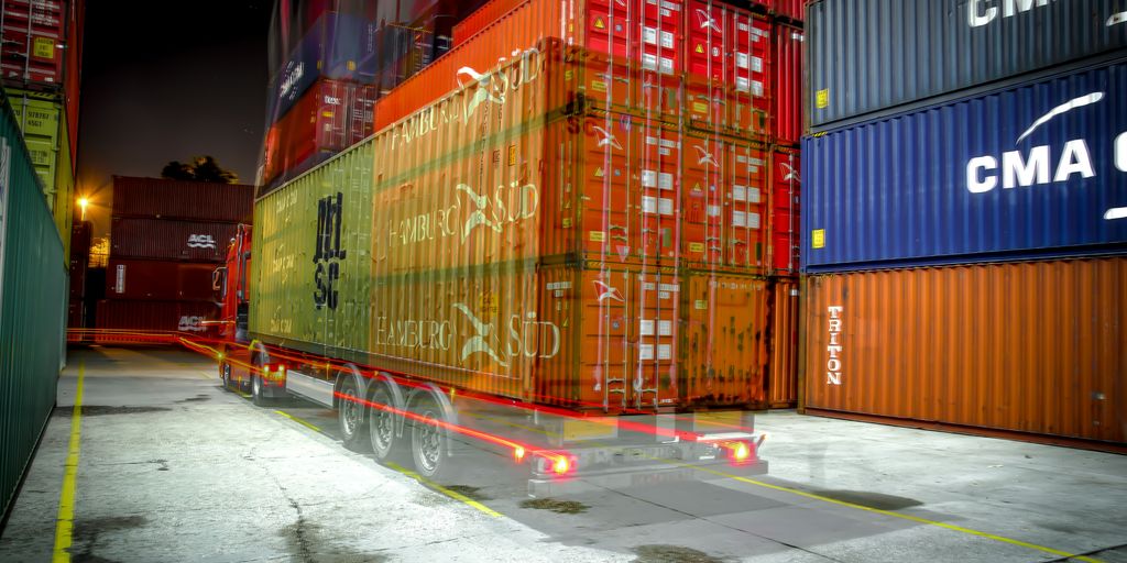 A large cargo ship in the middle of the night