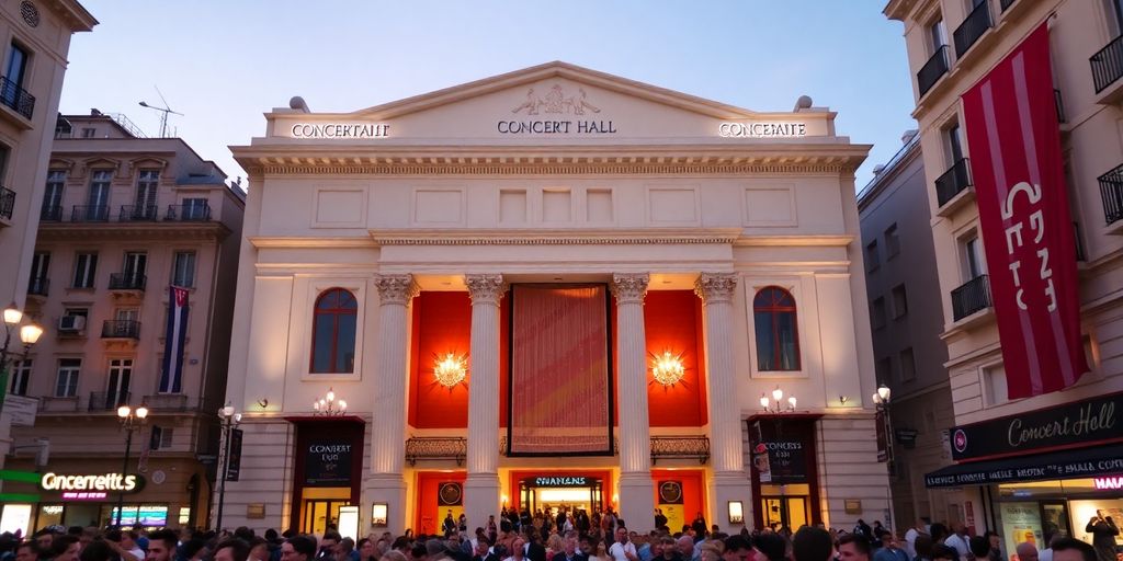 Exterior view of a concert hall in Athens.