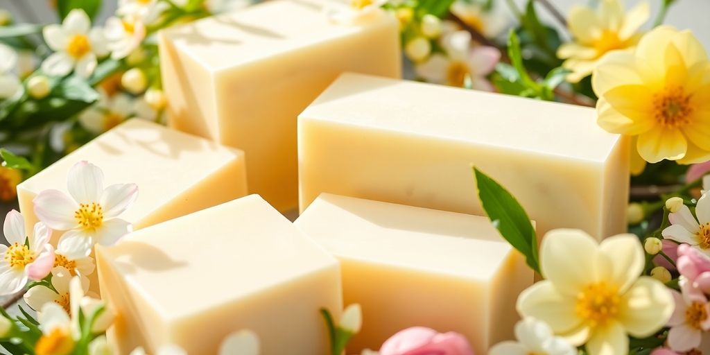 Creamy goat milk soap bars with spring flowers and greenery.
