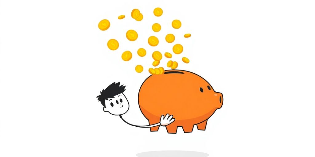 Person looks at piggy bank, money flies out.