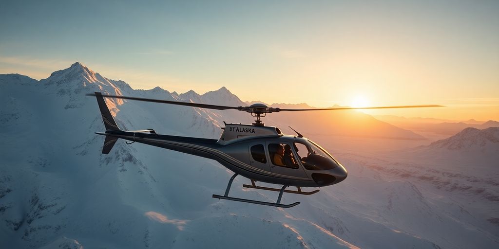 A helicopter flies over snow-covered Alaskan mountains at sunset.