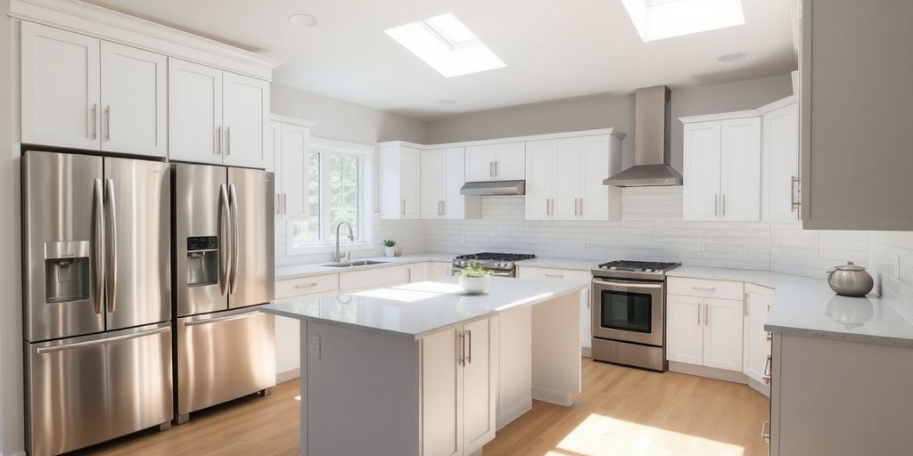 Modern kitchen renovation with sleek cabinets and island.