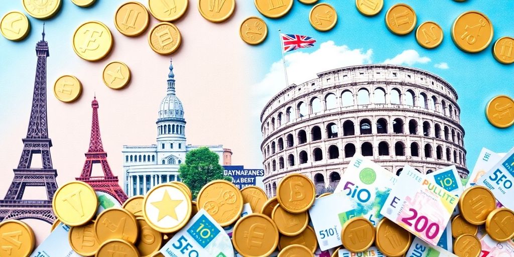 European landmarks and currency.