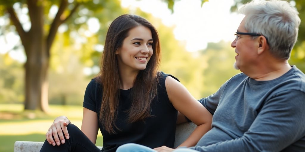 Teenager and adult talking openly, sitting outdoors.