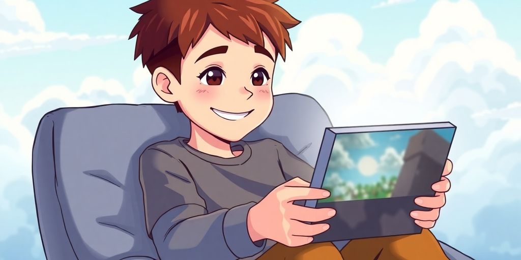 Anime boy playing Minecraft on cloud computer.