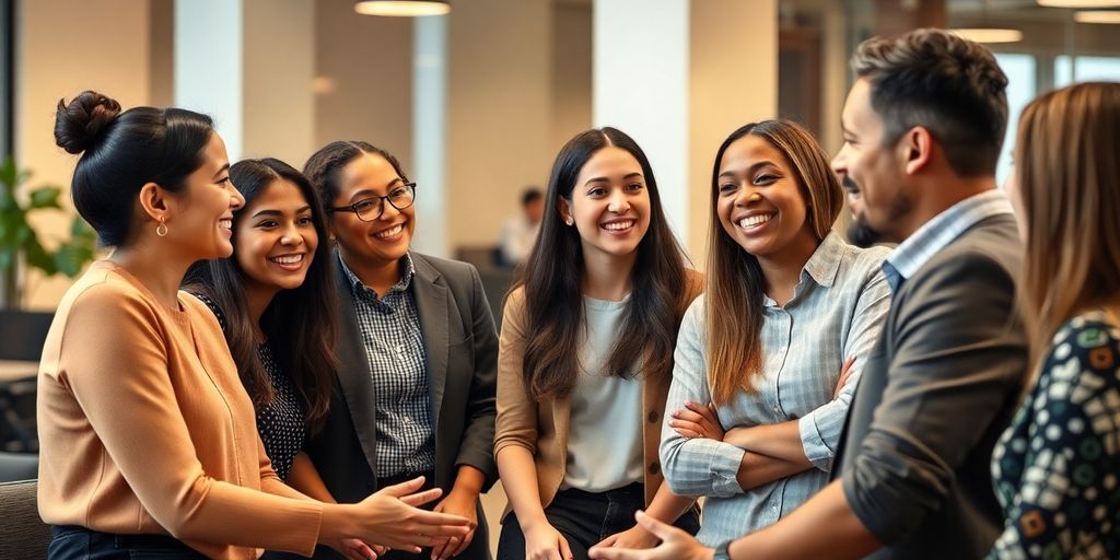 Diverse professionals engaged in friendly conversation in office.