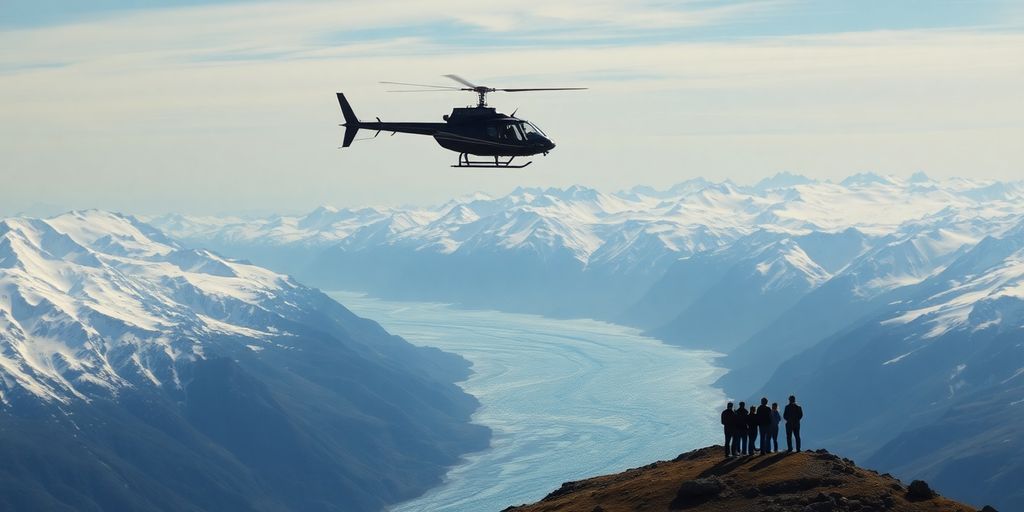 A red helicopter flies over a vast Alaskan glacier.