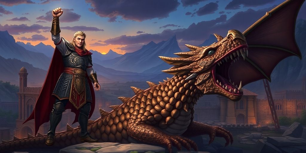 Fantasy hero stands victorious over a dragon.