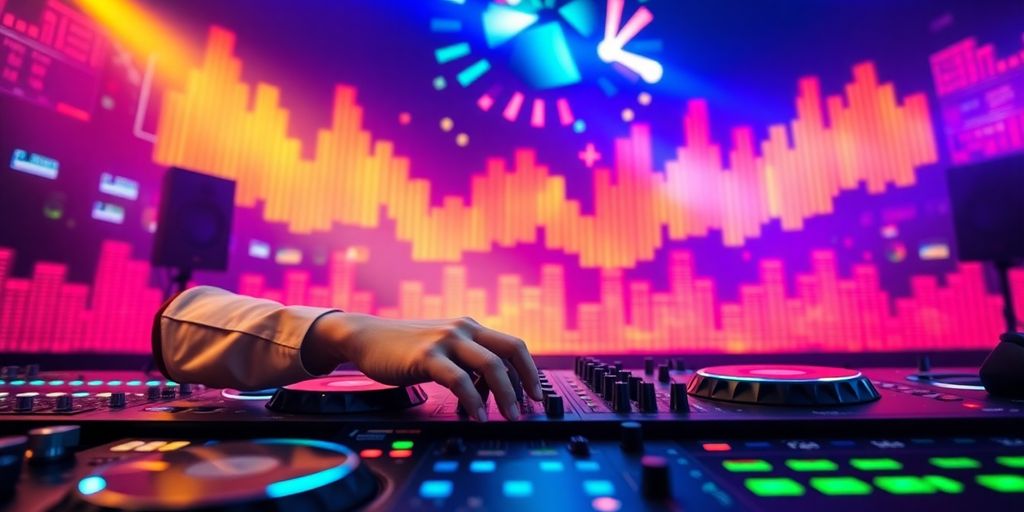 DJ mixing music with colorful soundwaves in the background.