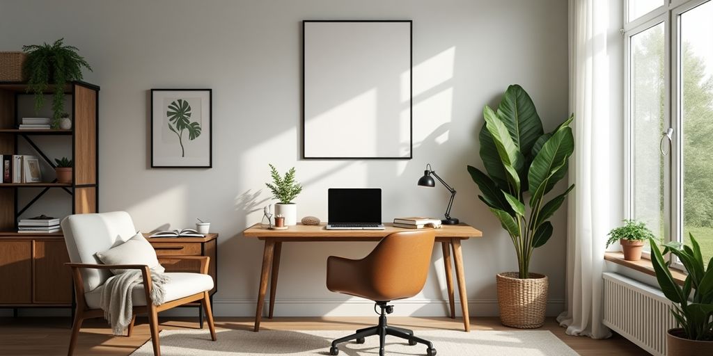 Modern home office with natural light and stylish decor.