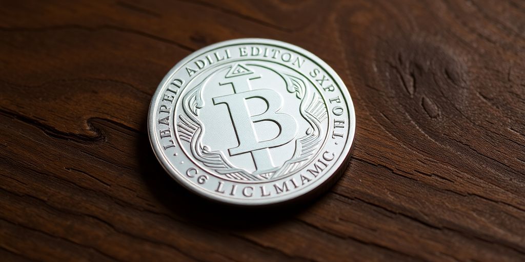 Pièce d'argent en édition limitée sur surface en bois.