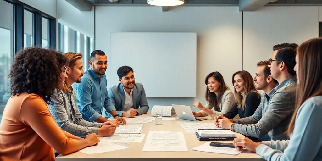 Team collaborating in a conference room for innovation strategy.