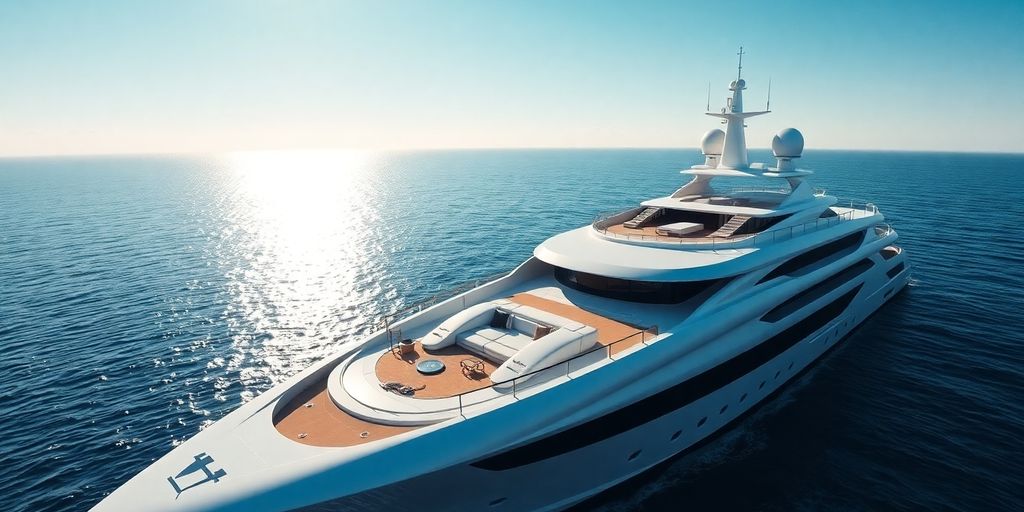 Sleek superyacht glides on calm, azure waters.