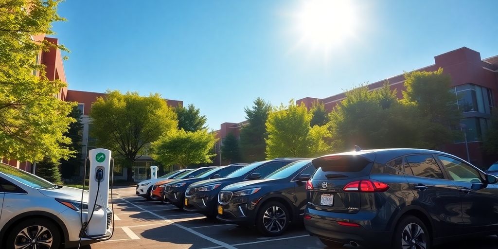 Electric vehicles charging at a college parking lot.