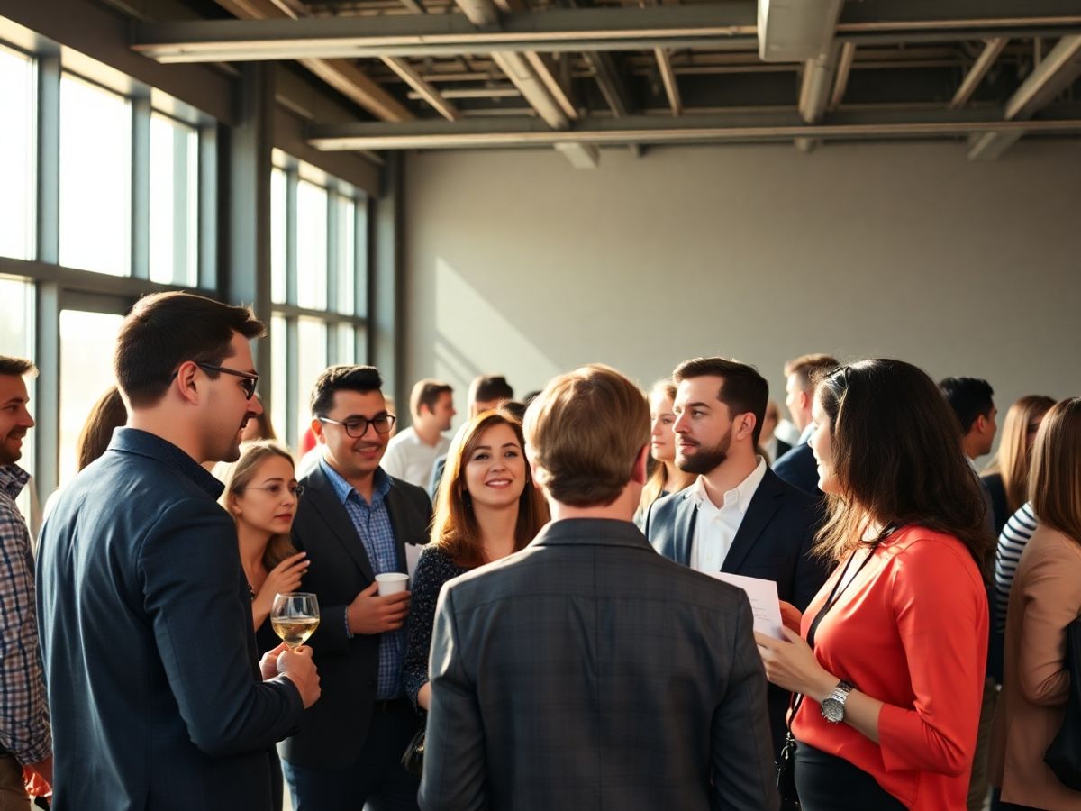 Antreprenori discutând la un eveniment de networking.