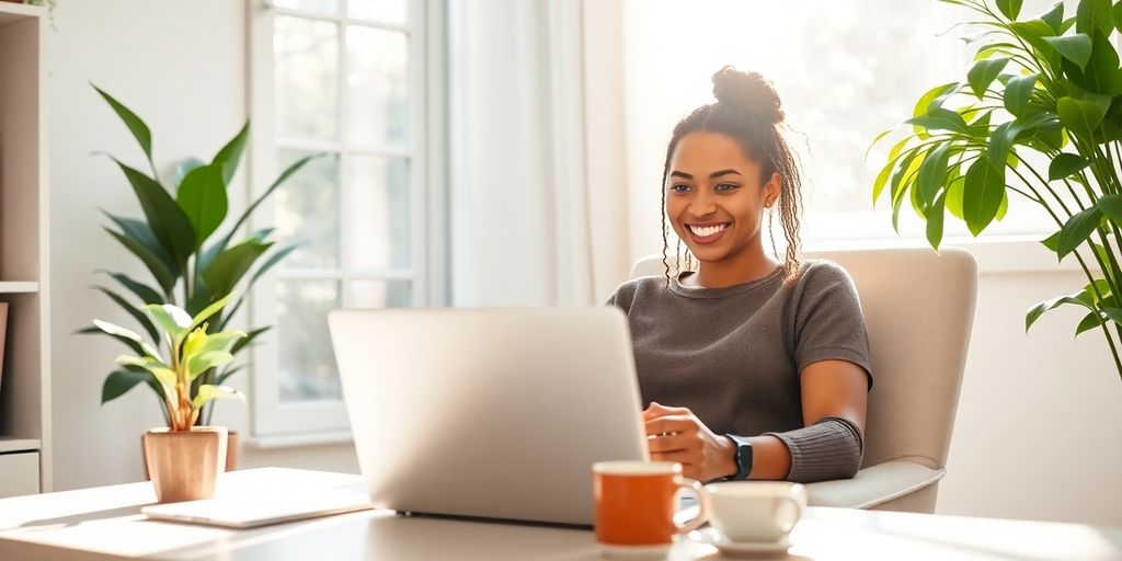 Person working on laptop, cozy home office.