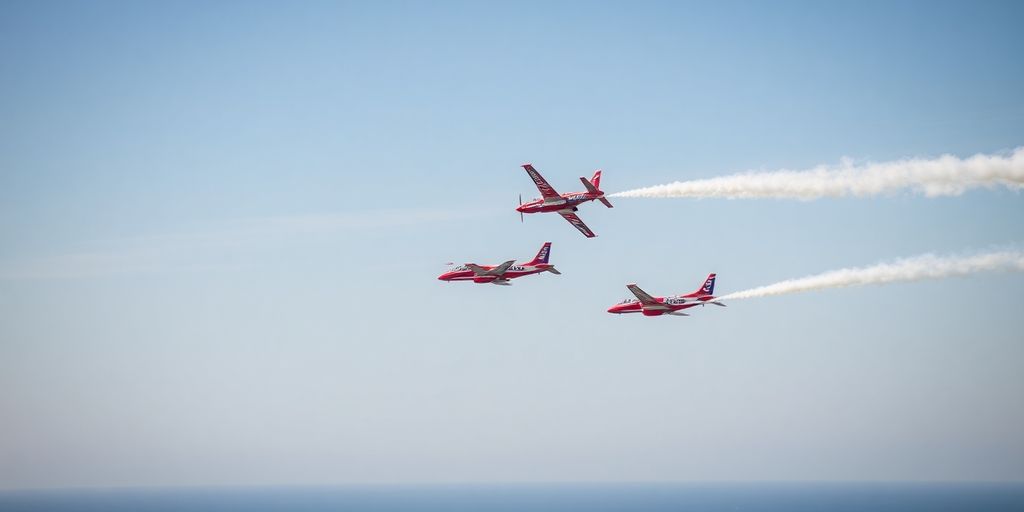 Avions effectuant des manœuvres aériennes au-dessus de la côte.