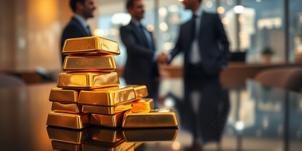 Barres d’or brillantes empilées, arrière-plan flou de poignée de main
