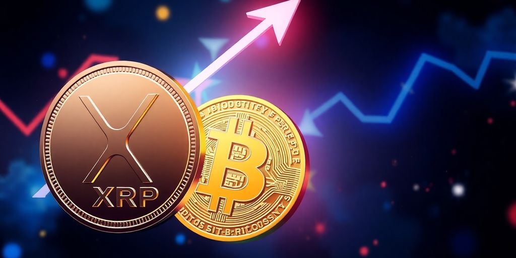 XRP and Bitcoin coins with upward price trajectory.