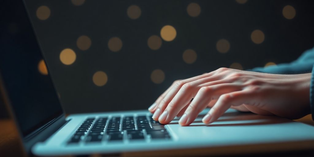 Person typing on a laptop, surrounded by glowing digital connections.