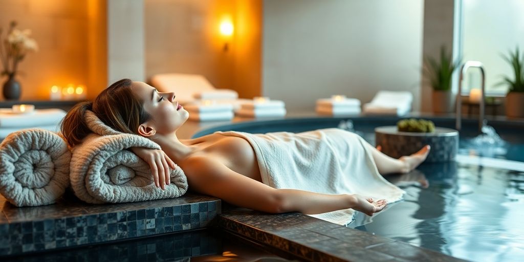 Woman relaxing in a serene hotel spa with soft lighting.