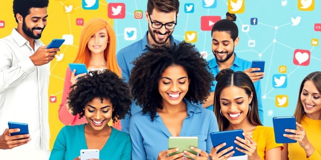 Persone che utilizzano smartphone e tablet sui social media.